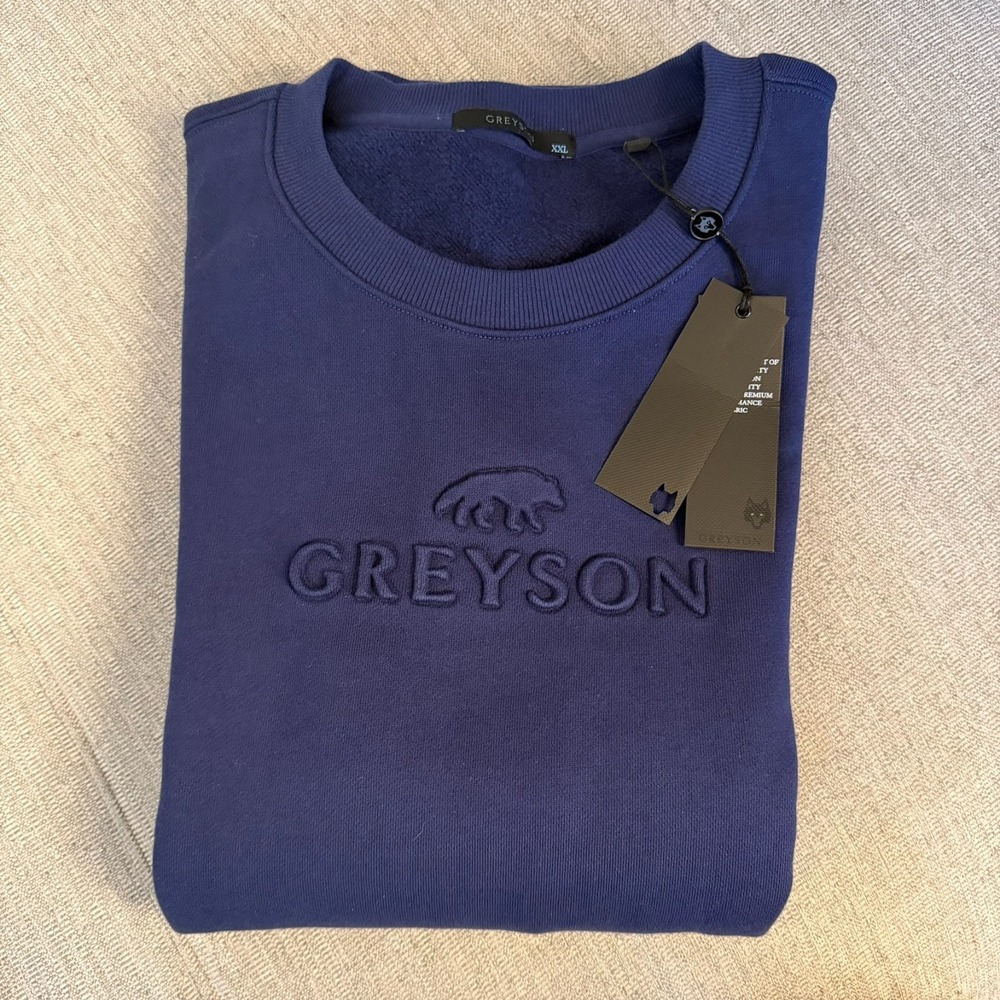 GREYSON Stalking Wolf Aspen Crewneck Sweater Maltese Blue XXL Oversized Logo NWT
